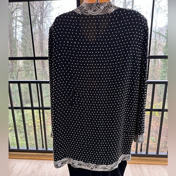 Vintage Pearl & Sequin Black Silk Jacket Open-Front or Hook & Eye Closure ~ 2X - Picture 7 of 17